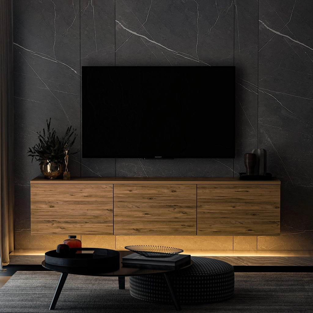 Porta TV in legno sospeso "illuminato al neon" con illuminazione a LED - 160 x 32 x 35 cm - Marrone