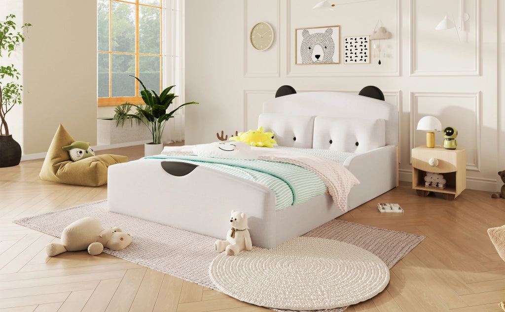 Letto per bambini 140 × 200 cm con testiera a orsetto imbottita, 2 cuscini decorativi, senza materasso, bianco