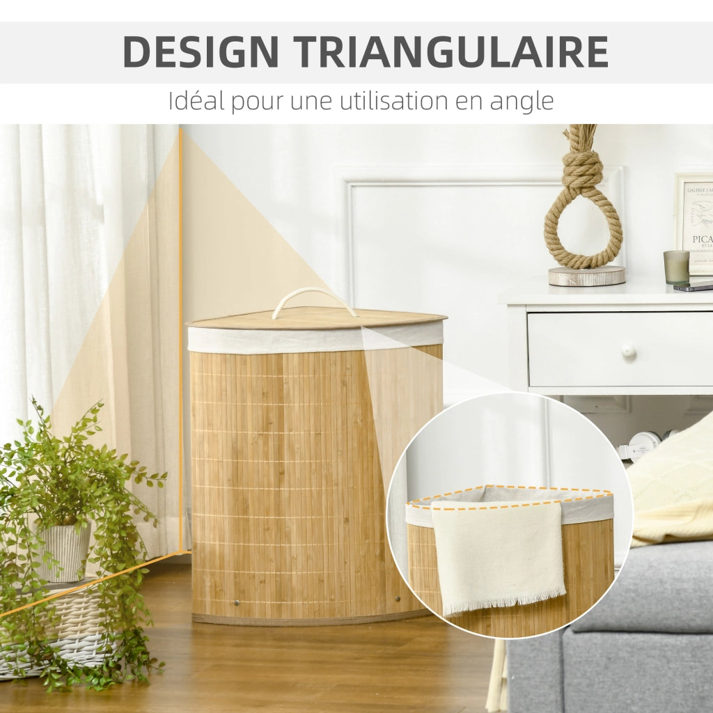 Cesto portabiancheria angolare in bamb¨´ ¨C Xylo ¨C 55L con coperchio e sacca removibile 38x38x57 cm