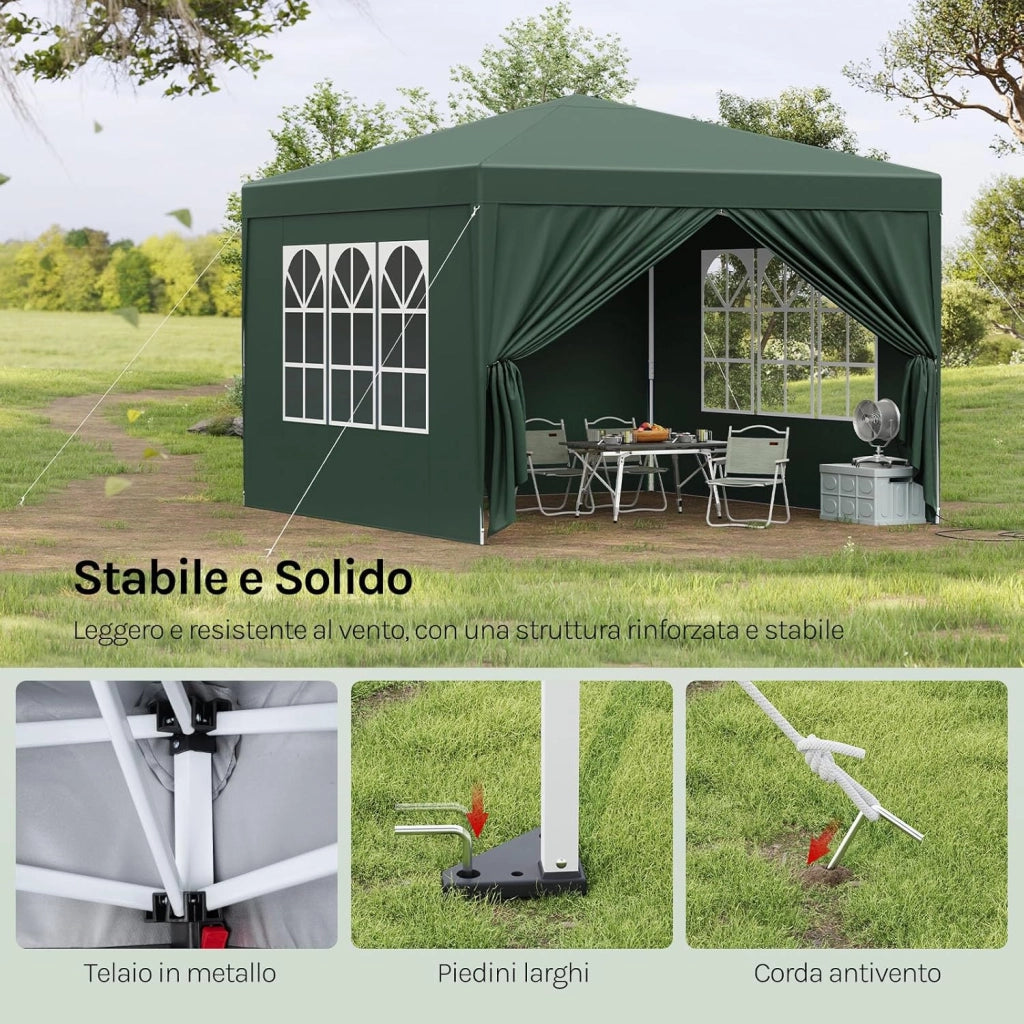 Gazebo da Giardino Richiudibile 3x3m Gazebo da Esterno Ferro Regolabile in Altezza Tendone Pieghevole con Telo Idrorepellente, Protezione Solare, Facile Montare Verde