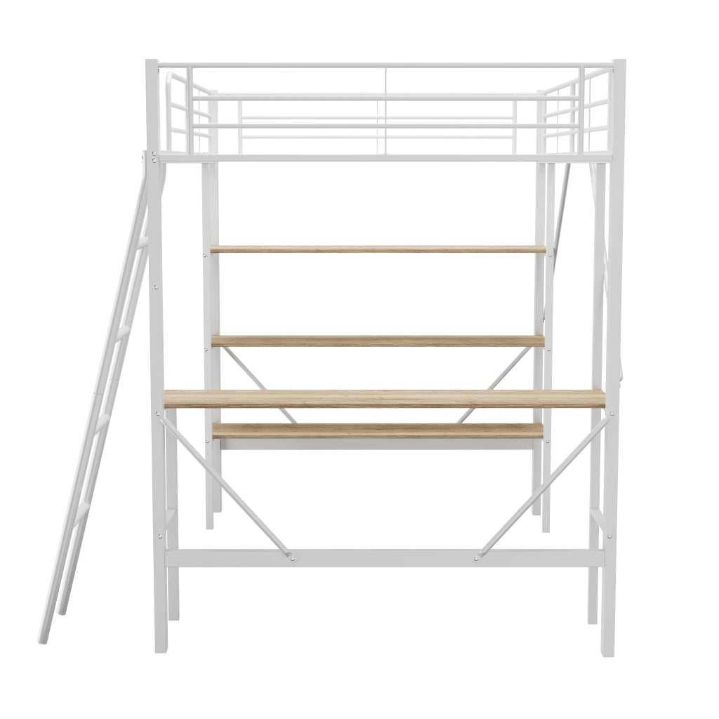 Letto a castello bianco con scrivania e tre ripiani in metallo e MDF 90x200 cm