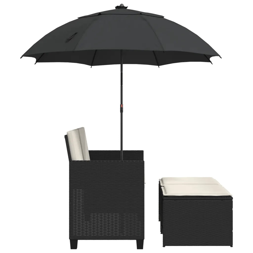 Divano Giardino 2 Posti-Sofa da Giardino-Divanetto da esterno Ombrellone e Sgabelli Nero Polyrattan 231656