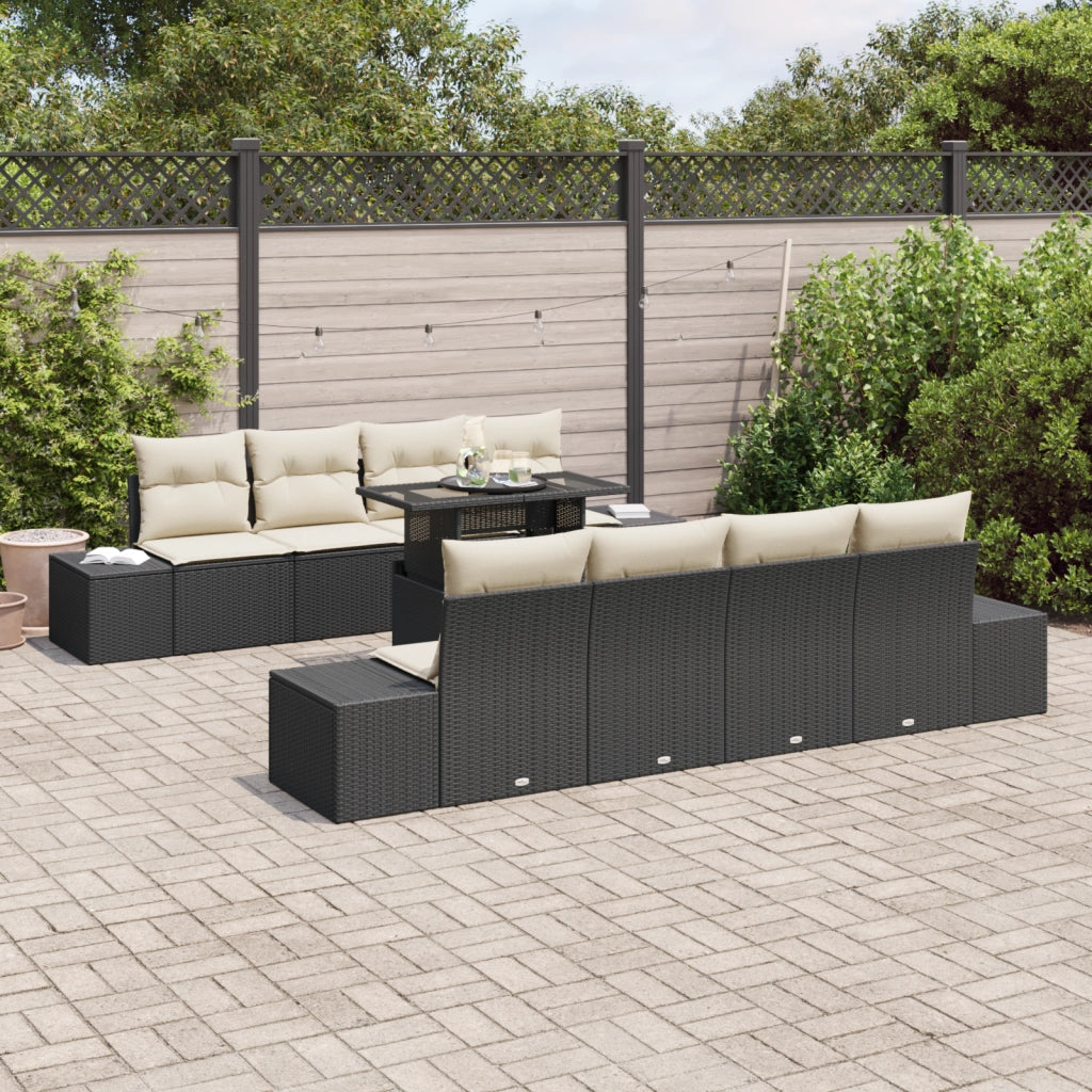 Set Divano da Giardino 9 Pezzi con Cuscini Nero Rattan Poliestere
