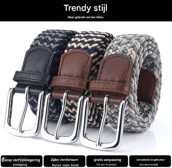 Raccordo elastico a tela in canvas nero e grigio + blu scuro e kaki + grigio scuro e grigio chiaro e kaki, larghezza 3,4 cm, lunghezza 115 cm, per uomo e donna con chiusura a gomito.