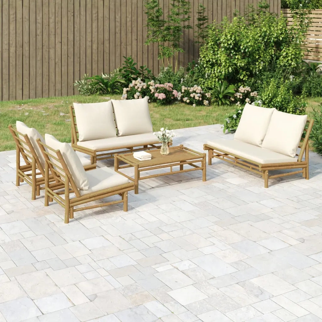 Set Salotto da Giardino 5pz con Cuscini Bianco Crema in Bambù 3156485