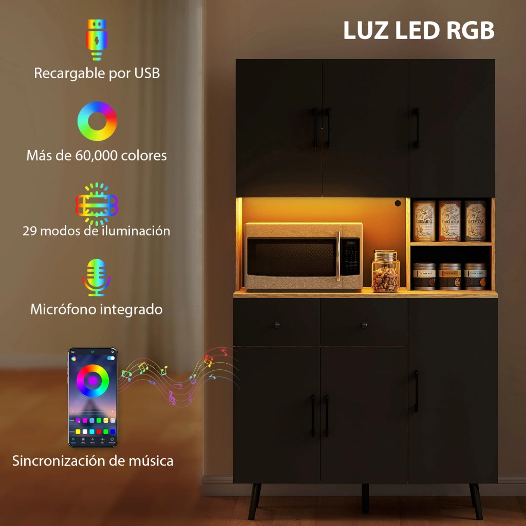 Armadio Cucina con 6 Ante 2 Cassetti e Luce LED ¨C Zephmum ¨C Nero Rovere 100x40x176 cm