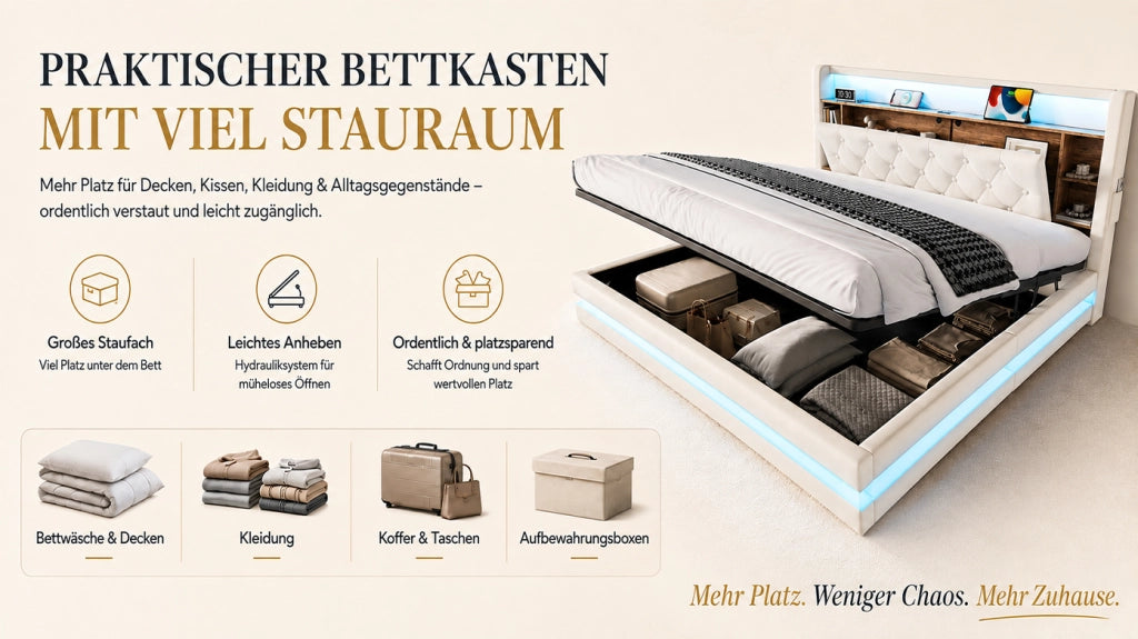 Letto contenitore 180 × 200 cm con testiera multifunzione, LED, USB e Type-C, senza materasso, beige