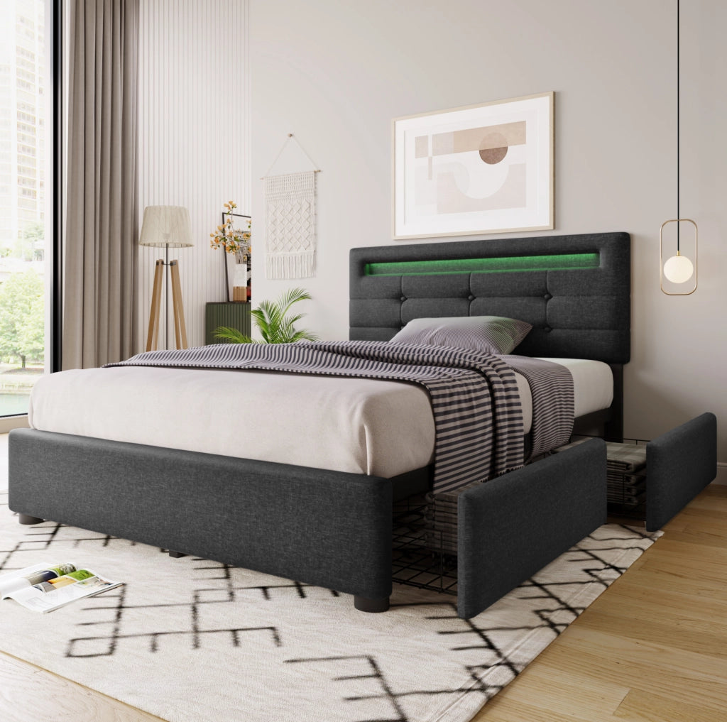 Letto singolo 90x200 cm con LED e 2 cassetti; testiera regolabile; tessuto in lino grigio