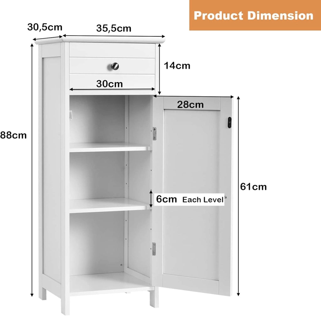 Armadietto Bagno da Terra, Mobiletto a 3 Ripiani con Anta, Cassetto, Manico, Spazio Interno Flessibile, Compatto e Salvaspazio, 35,5x30,5x88 cm, Bianco/Marrone/Grigio/Nero