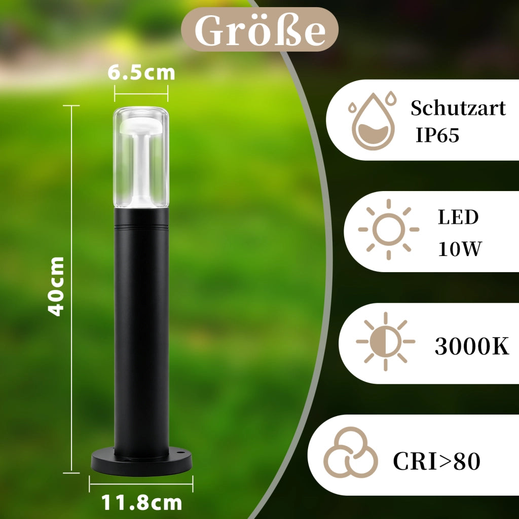 ZMH Lampada da Giardino Esterna a Palo 10W Nero H.40cm 3000K Vetro per Viali Camino