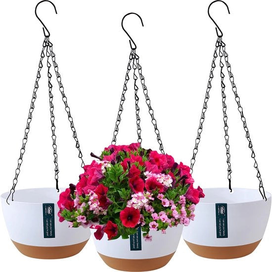 Set di 3 vasi a sospensione, vasi a sospensione per interni ed esterni, vasi per piante con fori di drenaggio e piatto rimovibile, vasi a sospensione per ambienti domestici, giardini, balconi