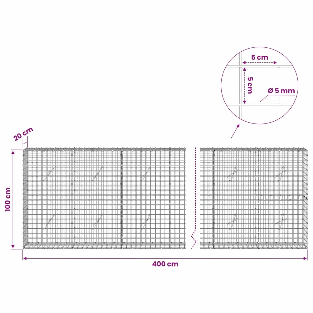 Gabione con filo da 5 mm e rete da 5x5 cm 400x20x100 cm 3464066