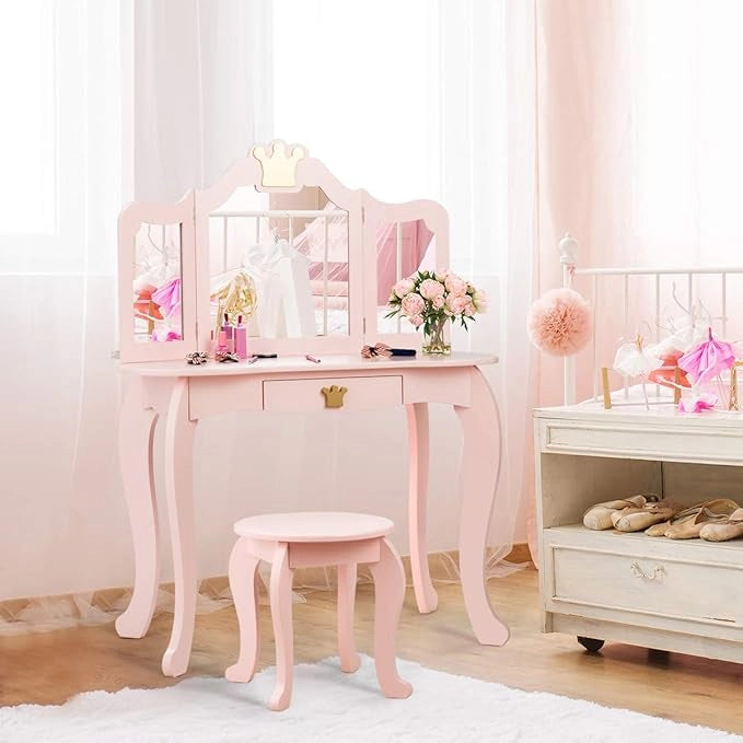 Toeletta Trucco per Bambina Staccabile, Specchiera per Ragazza in Legno con Sgabello e Cassetto, Postazione Trucco 2 in 1 per Cameretta e Cmera da Letto, 80x42x105cm (ROSA)