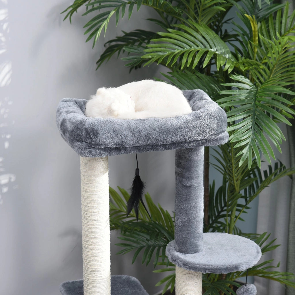 Easycomfort Albero Tiragraffi per Gatti Adulti su più Livelli, Castello per Gatti con Cuccia, Posatoio e 2 Ripiani, Bianco e Grigio, 48x35x100cm