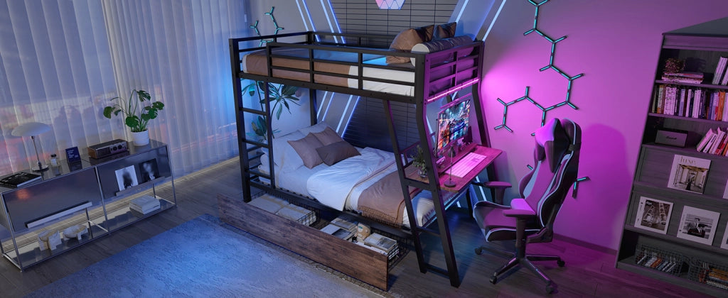 DESMIU Letto a Soppalco 90 × 200 cm 1 Posto con Scrivania, 2 Cassetti, LED Regolabile e Scala, Senza Materasso