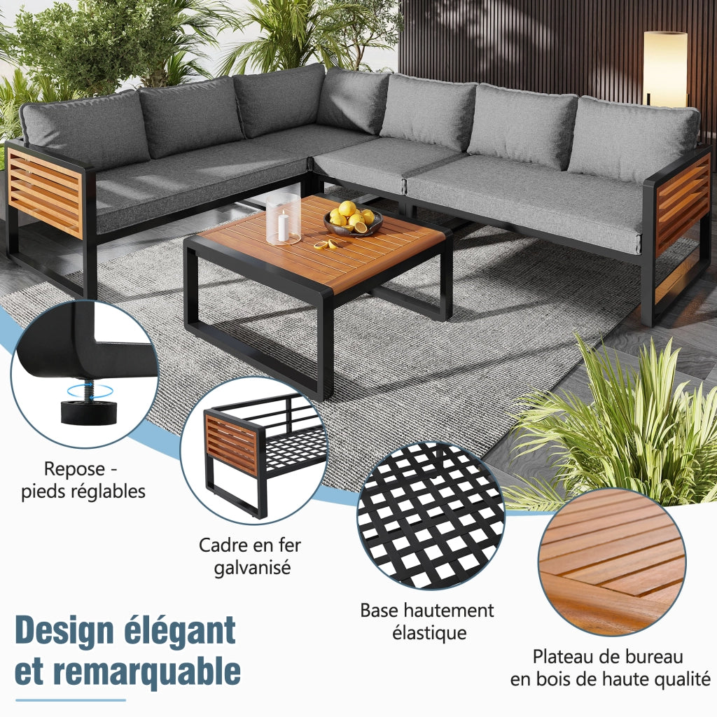 Set Divano da Giardino 5-6 Posti con Braccioli in Legno ¨C MINIMAL ¨C Polyrattan, Metallo