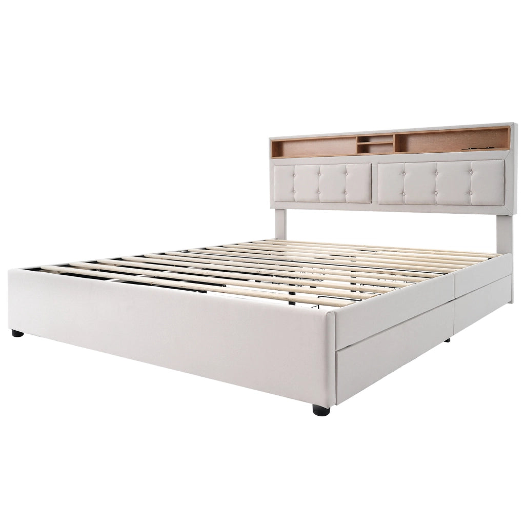 Letto matrimoniale imbottito 140x200 cm con 4 cassetti, testiera regolabile e prese USB/Type C, senza materasso
