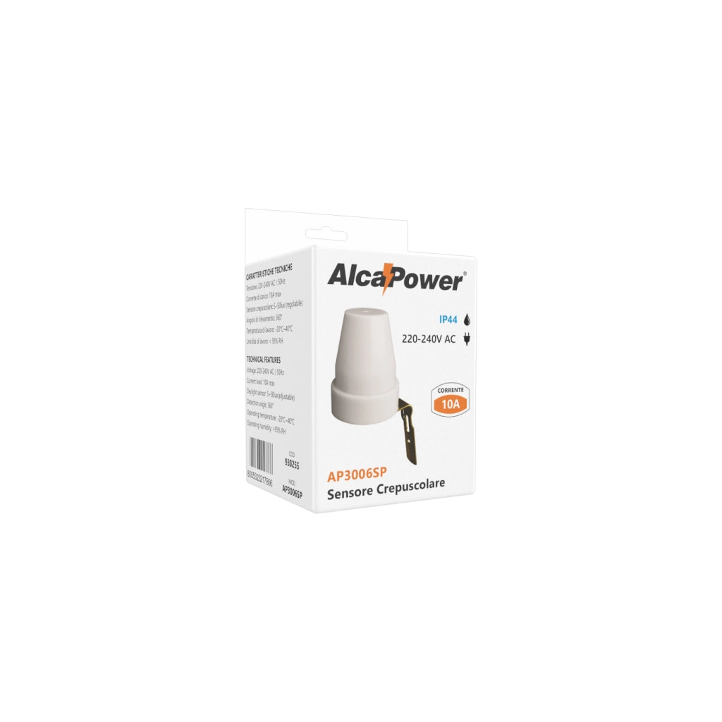 Alcapower Sensore Crepuscolare 10A IP44 per Controllo Illuminazione Automatica 230V AC, Soglia Regolabile 5-50 Lux, Resistente e Affidabile