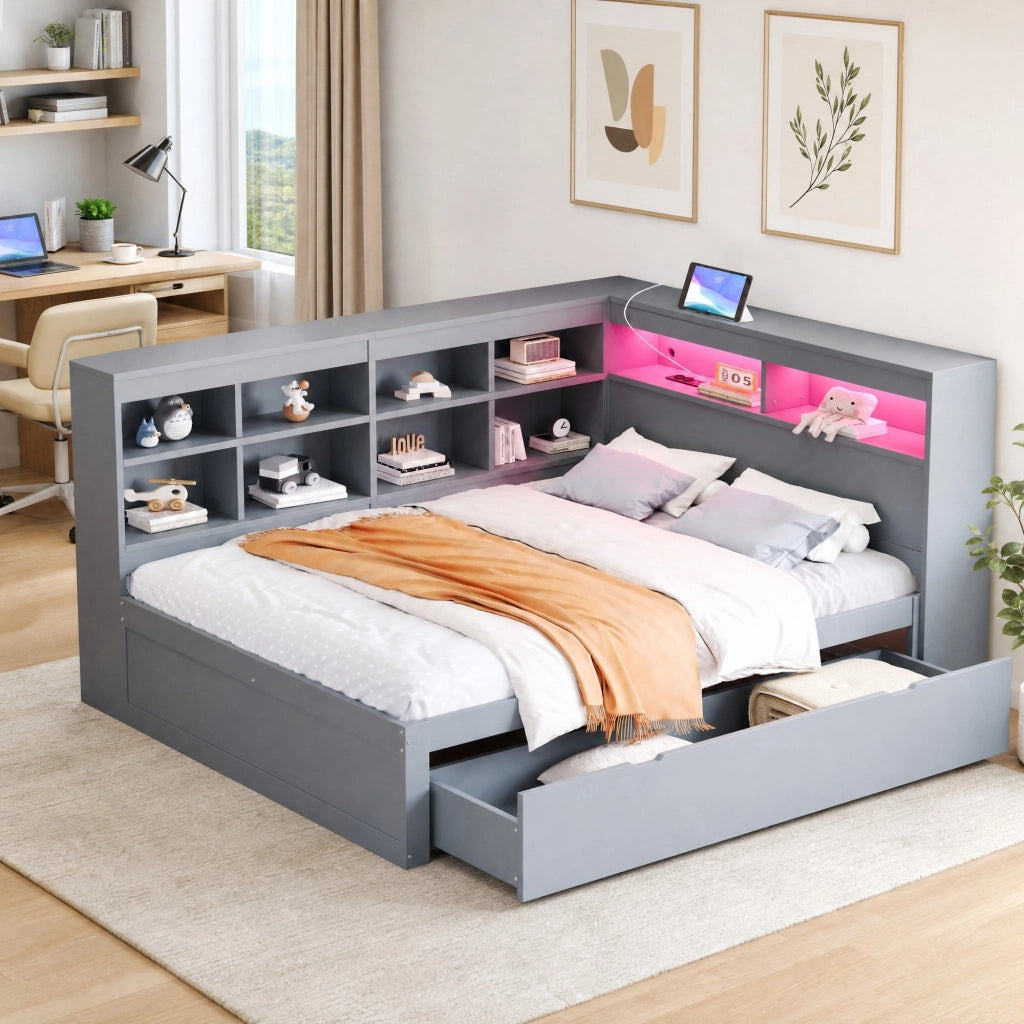LETTO divano 90x200 cm con cassetti USB LED in legno grigio