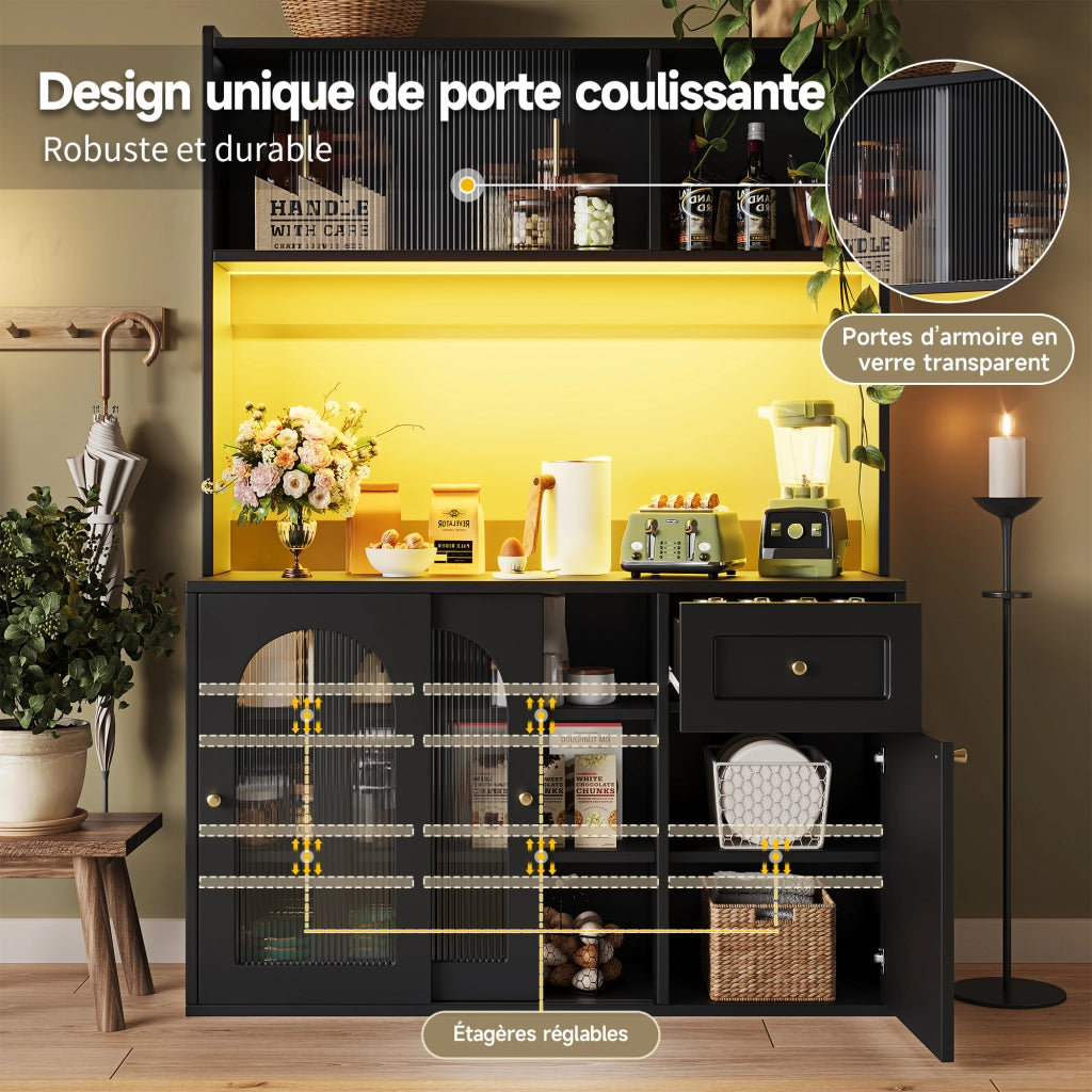 Credenza da Cucina Vetrina con Ripiani Regolabili e LED; in MDF e Pannelli di Particelle; Nero; 120x35x167 cm