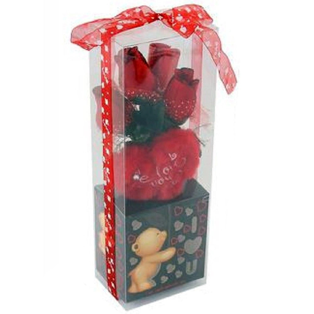 Trade Shop - Cuore In Peluche Con Fiori Confezione Regalo Per San Valentino 10x7.5x30cm 63301 -