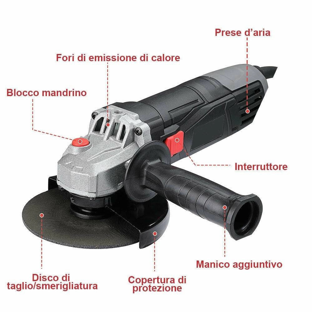 Trade Shop - Smerigliatrice Angolare 900w Flex Frullino 125mm 6 Dischi E Manico Regolabile -
