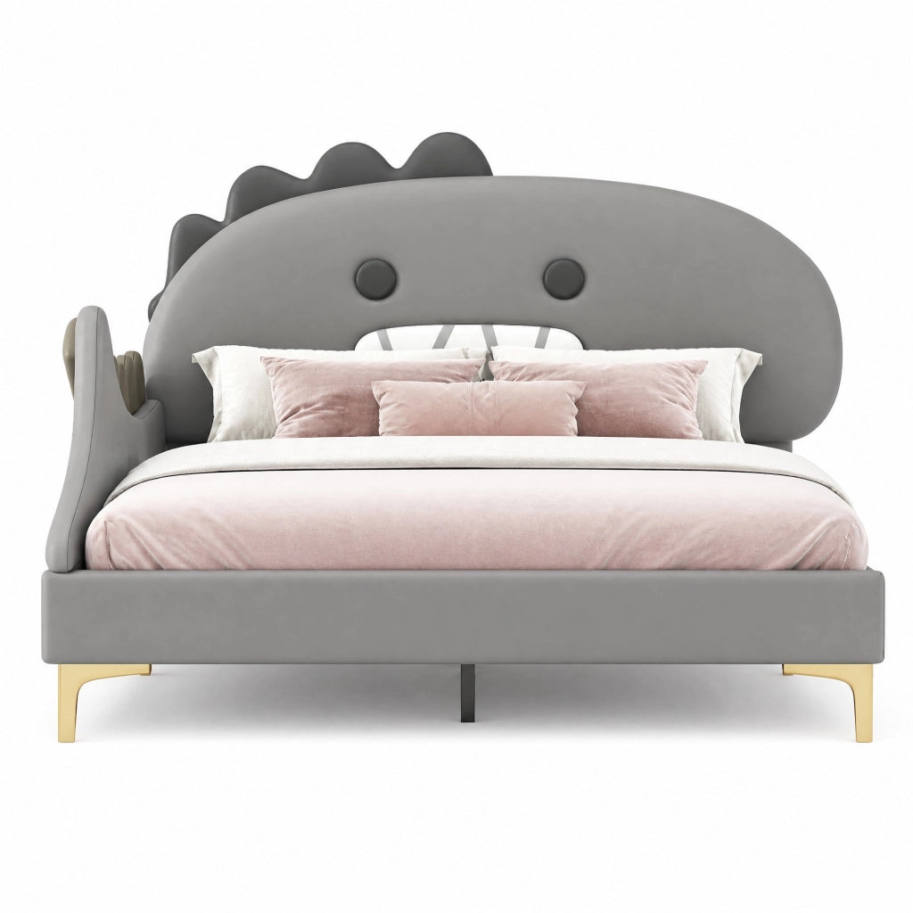 Letto per bambini 140x200 cm a forma di dinosauro cartoon, in PU e MDF grigio
