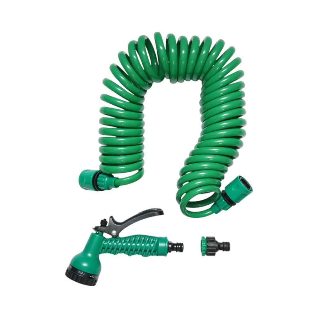 Tubo da giardino spirale estensibile 7.5 m con pistola regolabile a 7 funzioni, adattatore 3/4 e raccordo rapido 1/2
