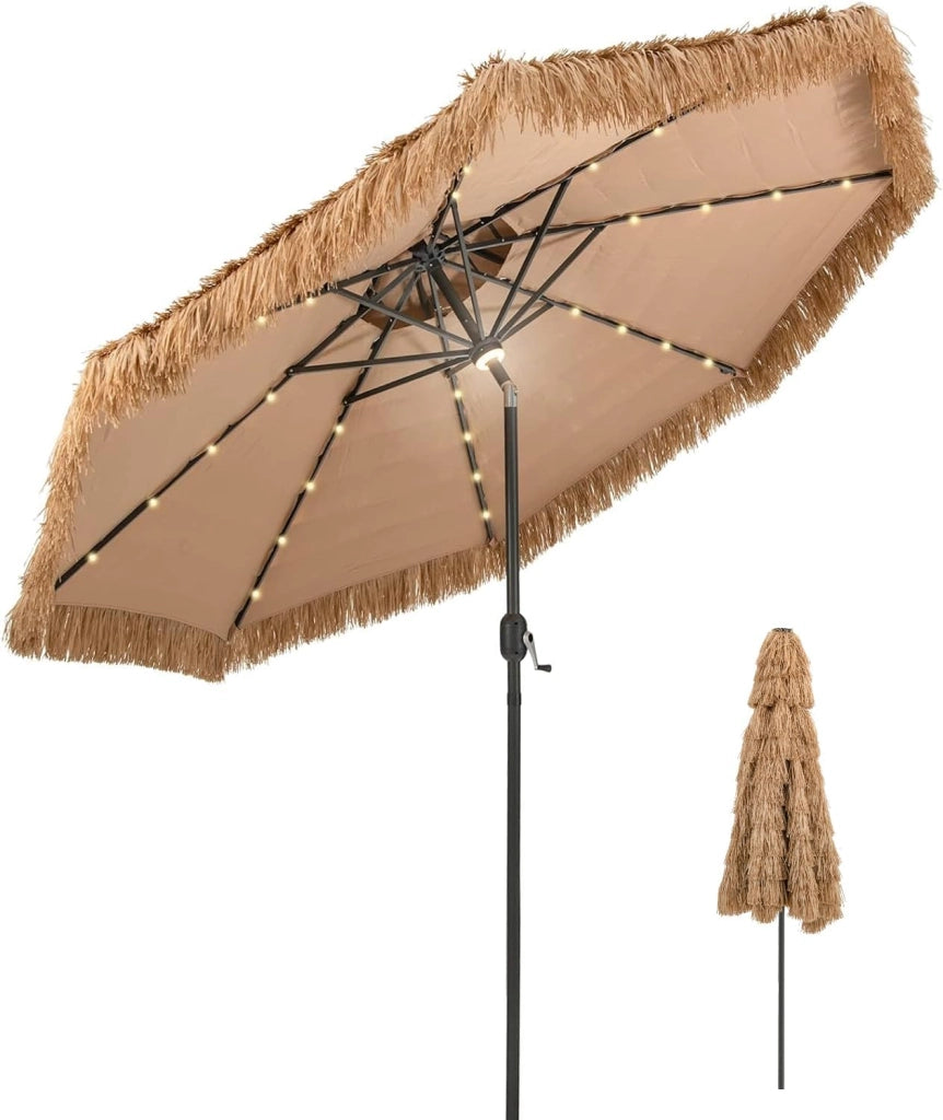 Ombrellone da Spiaggia da 300 cm, Ombrellone Hawaiano con 32 Luci LED, Ombrello da Giardino in Paglia PE, con Manovella e Inclinazione Regolabile, Ombrellone Portatile per Giardino Piscina