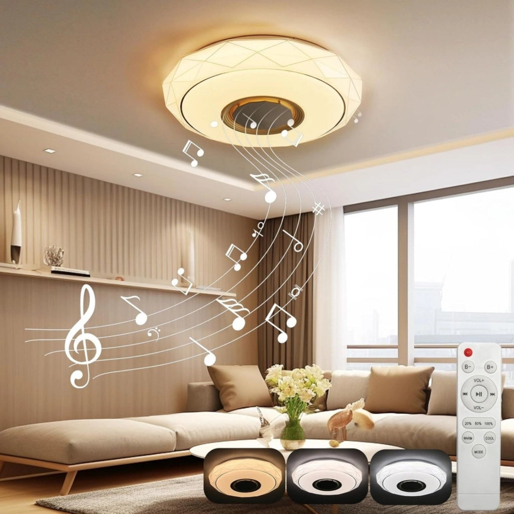 Plafoniera LED CCT Bluetooth Con Altoparlante Musica 48W 4700lm D410x95mm 140° con Telecomando 25-30mmq