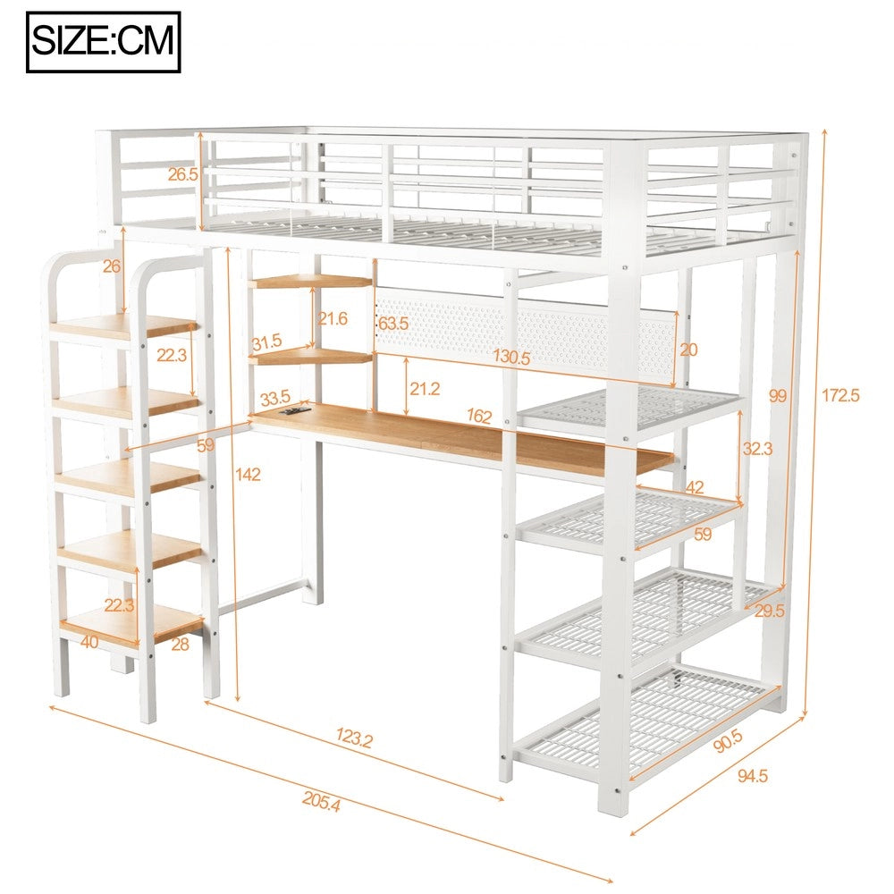 Letto a soppalco 90x200 cm ¨C Minimal ¨C Bianco metallo con scrivania LED ripiani e scala verticale