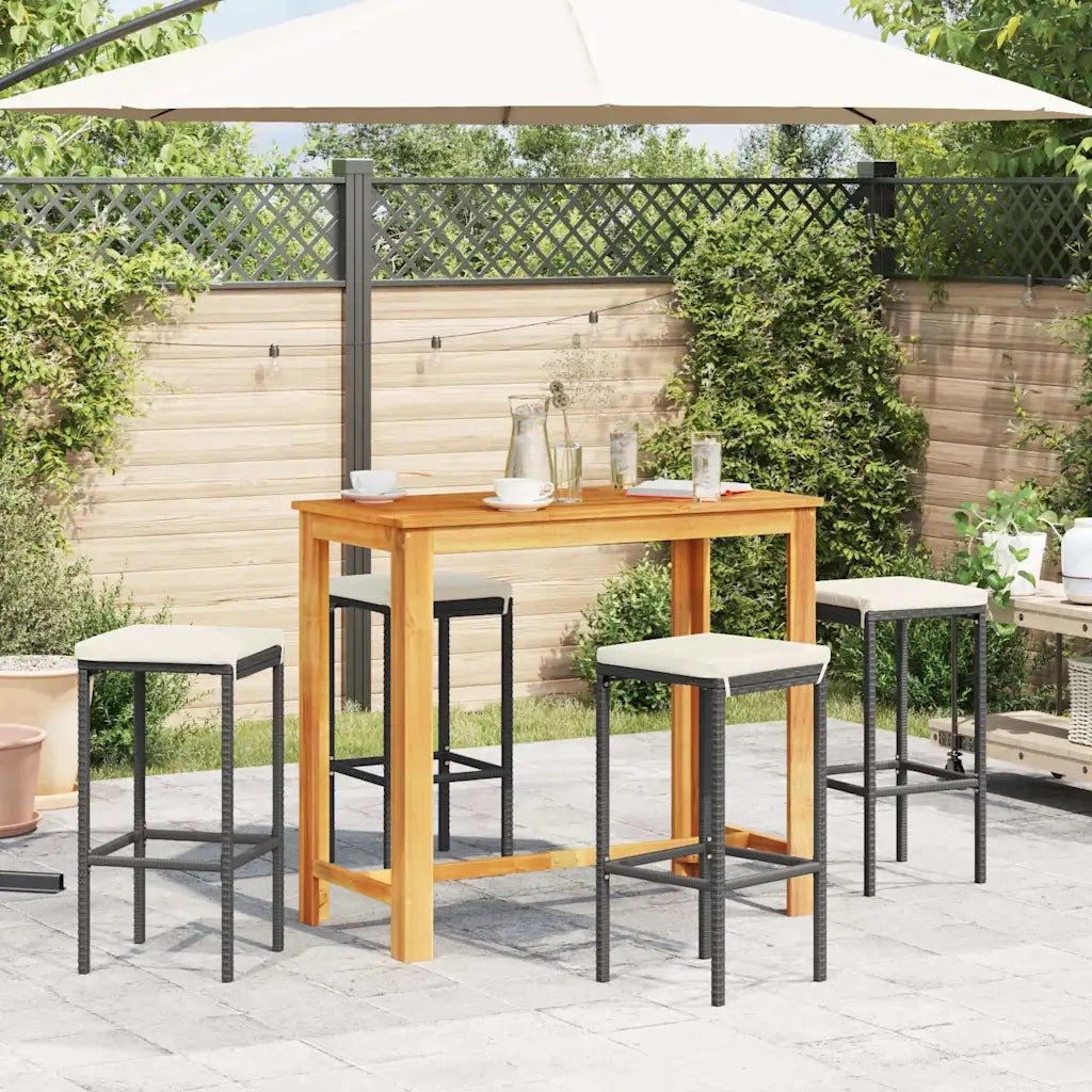Set Bar da Giardino 5 pz | Set Salotto da Giardino Nero in Legno Acacia e Polyrattan