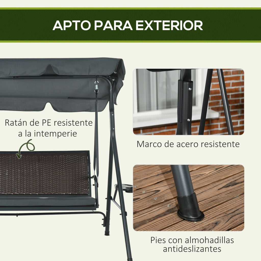 Altalena da Giardino 3 Posti con Toldo ¨C Zephmum ¨C Grigio 204x112x150 cm