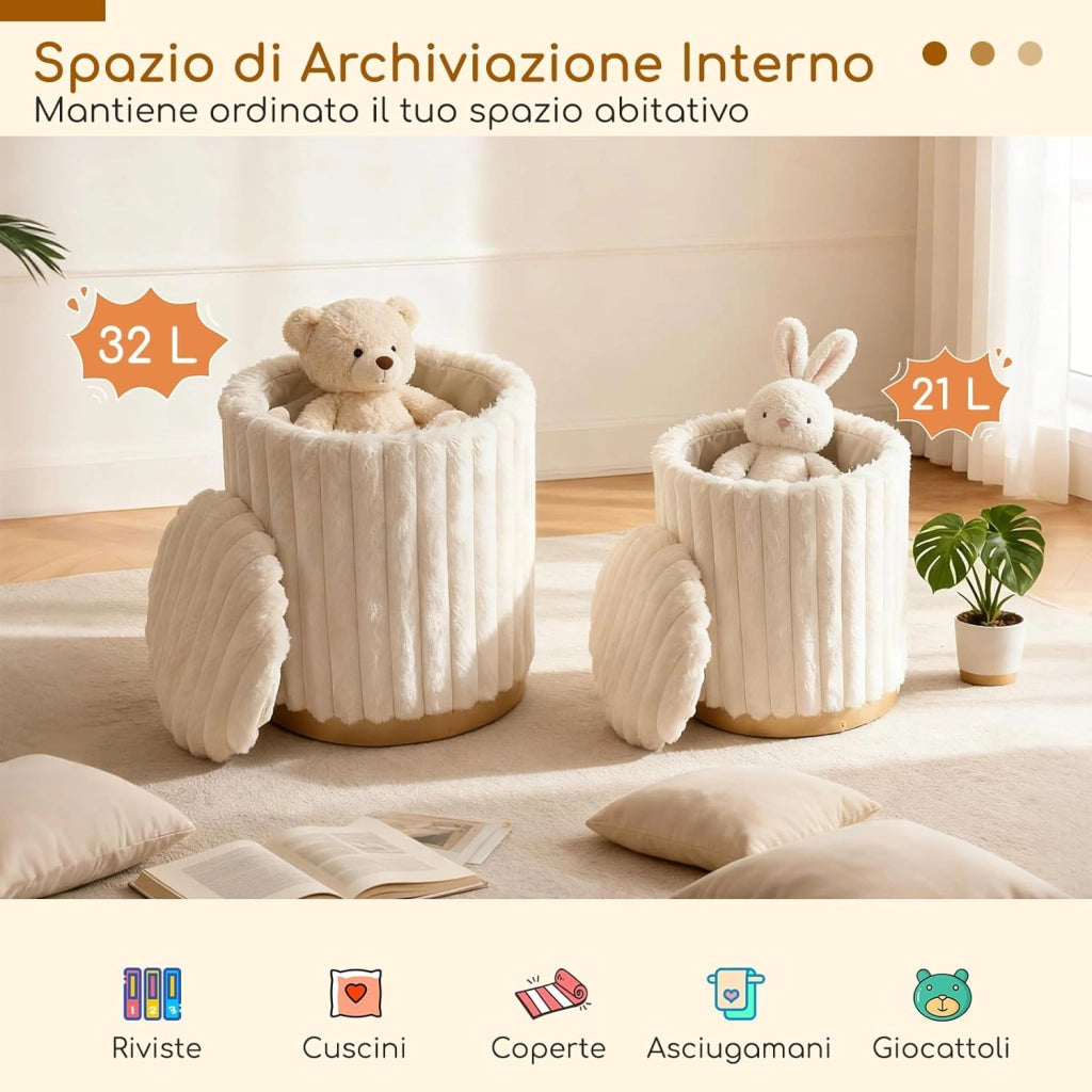 Set di 2 Pouf Contenitori Rotondi, 32L + 21L, Poggiapiedi in Pelo di Coniglio con Coperchi Rimovibili e Scomparti Nascosti, Sgabelli Imbottiti Impilabili per Soggiorno e Camera da Letto