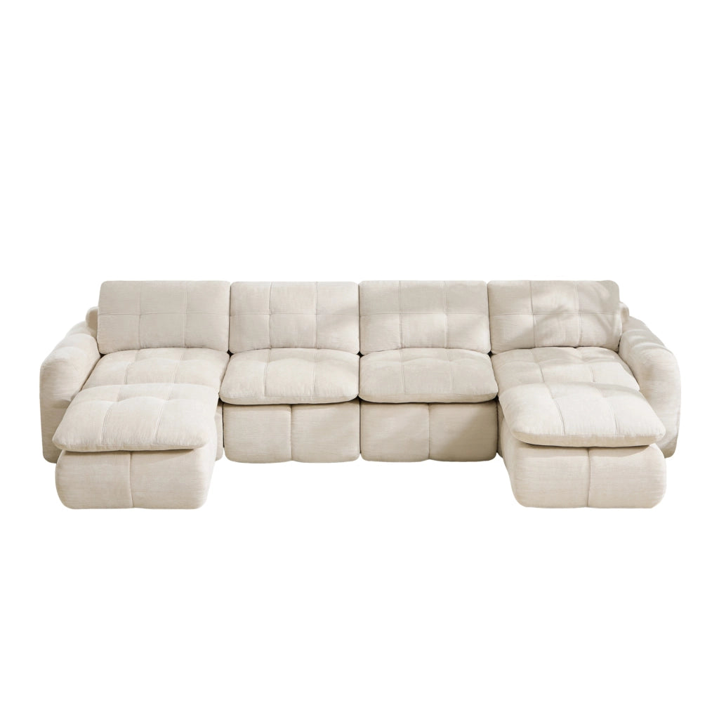 Divano modulare a U 334x160x68 cm in chenille beige; senza montaggio