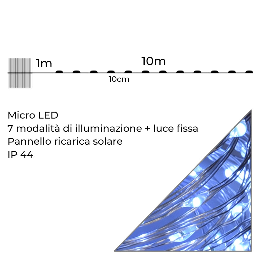 CATENA LUMINOSA SOLARE 100 MICRO LED 10 METRI DI LUCE BIANCA - 8 MODALITA' DI ILLUMINAZIONE E CAVO FLESSIBILE