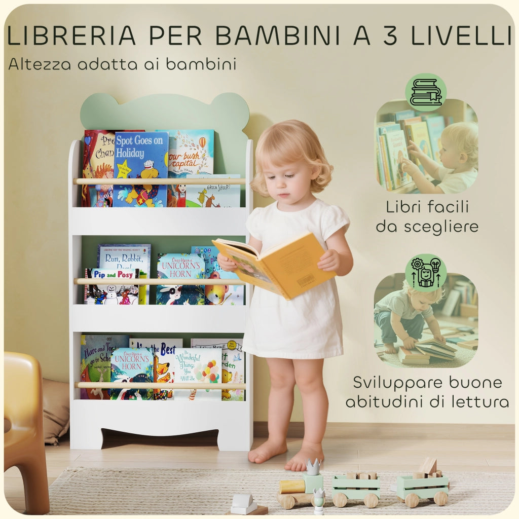 Libreria per Bambini 55x15x110 cm a Forma di Orsetto a 3 Ripiani con Barriere Frontali in MDF e Legno Verde
