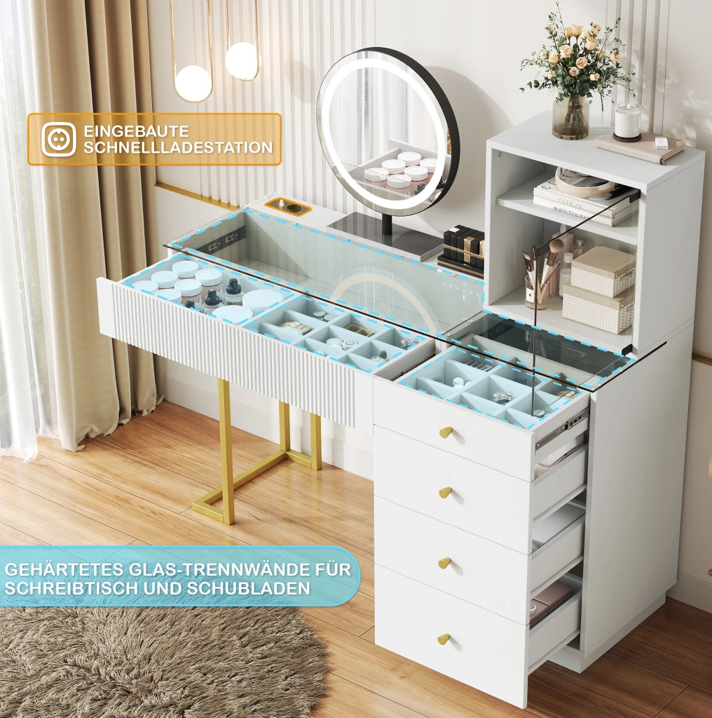 Tavolo da toeletta bianco con specchio LED e 5 cassetti