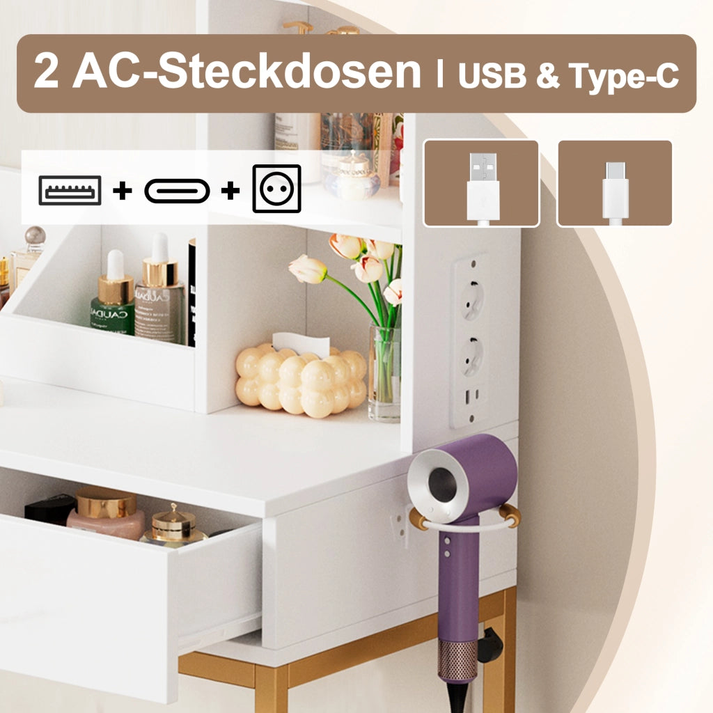 TOELETTA 80x40x138,5 cm con specchio LED, bianco/oro con sgabello