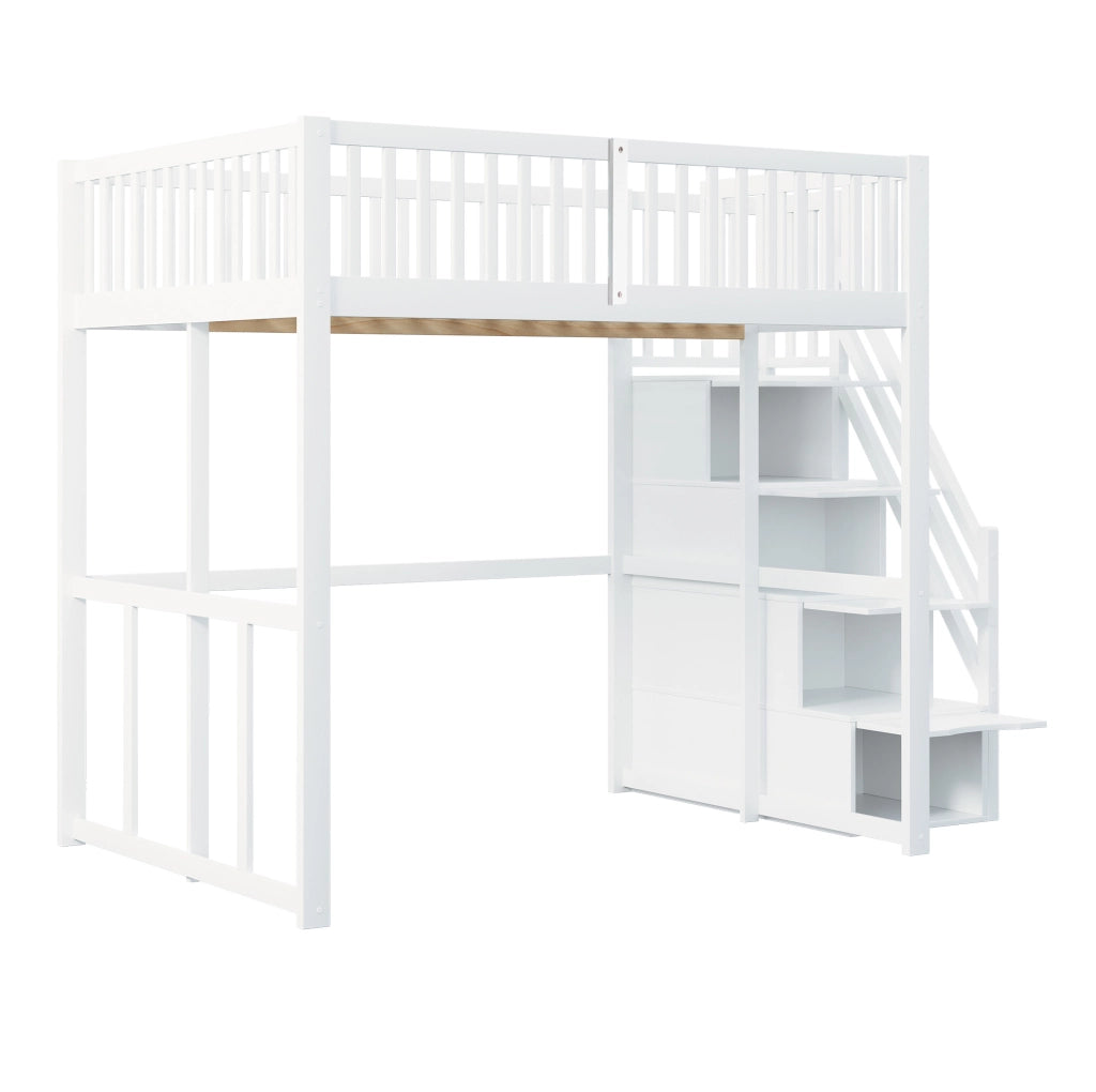 Letto a soppalco 140x200 cm con scala contenitore e sponda di sicurezza; in legno di pino bianco