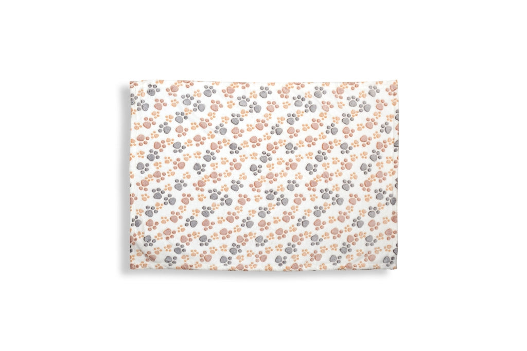 AIO FACTORY Coperta in pile 70x50 cm bianca con zampe marrone-grigio per cuccia per cani