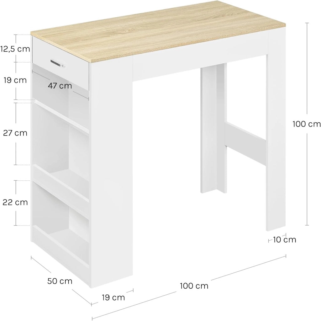 Tavolo da Bar, Bancone da Bar con 1 Cassetto e 3 Ripiani, Tavolo Penisola per Cucina, Pub, Bistrot, Legno Ingegnerizzato (Con assi di legno, Bianco+Rovere Chiaro, 100 x 50 x100 cm)