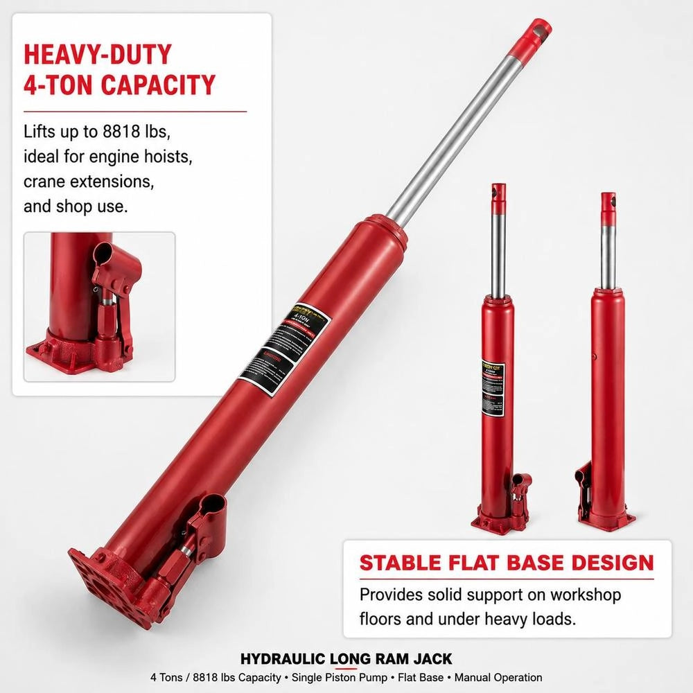 Hydraulic Long Pile Driver, 4 T Lifting Capacity, With Single Piston Pump And Flat Base, Manual Aerial Work Platform Jack With Handle, For Garage/shop Cranes, Engine Lifting Device, Red