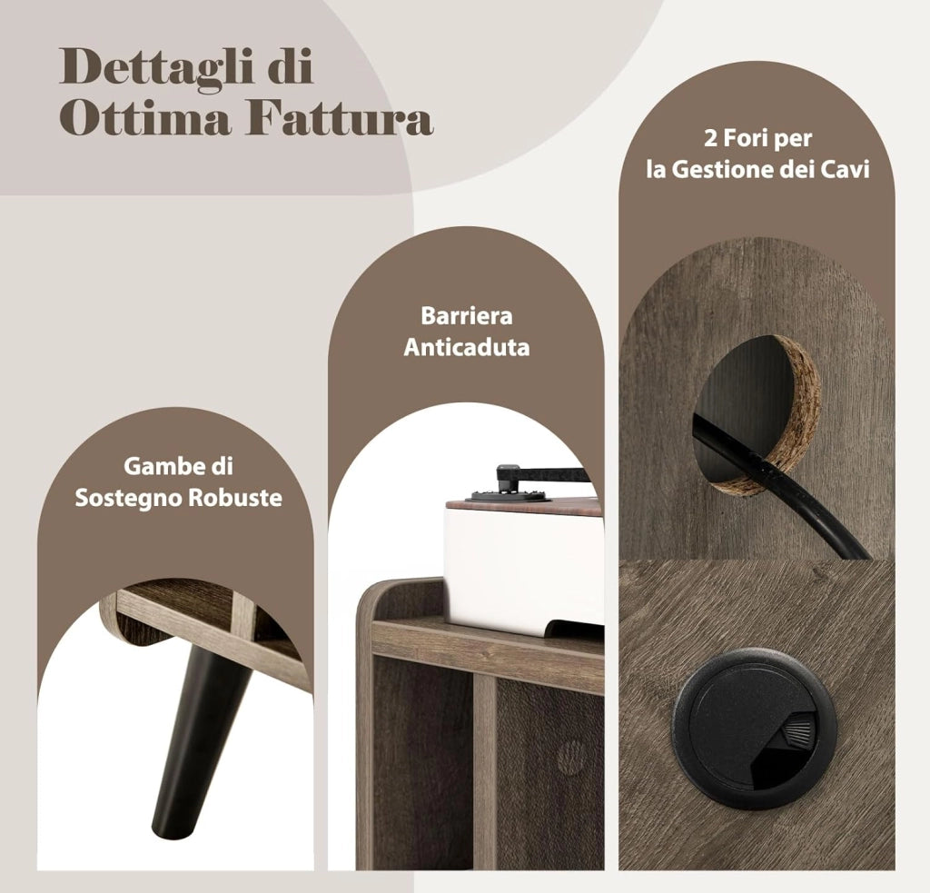 Supporto per Giradischi, Porta Vinili con 4 Ripiani Aperti, Presa di Corrente e Porta USB, con Mensole Espositive, per Soggiorno, Camera da Letto e Ufficio, 43 x 34,5 x 67,5 cm (Grigio)