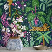 Carta da Parati Giungla Tropicale con Scimmie e Tigre Carta Vegana 250x200cm 5,5mq 
