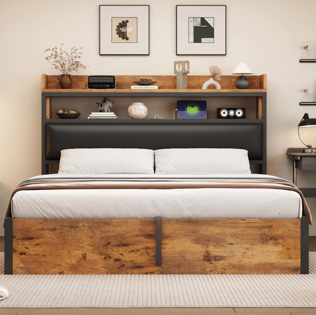 Letto 180x200 cm con contenitore; USB e testiera imbottita in metallo; MDF e tessuto nero