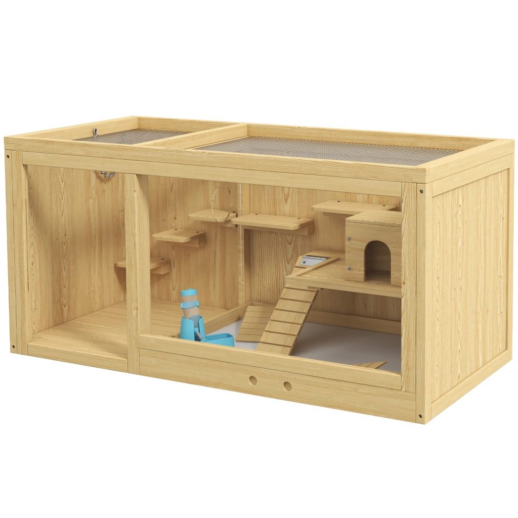 Tiragraffi per gatti in legno con due ambienti e piattaforme multiple per criceti e gerbilli legno naturale