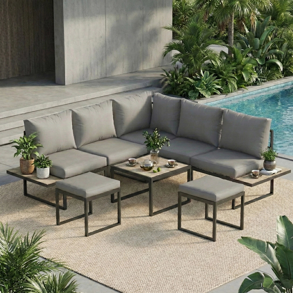 Set da giardino 6 posti con tavolo e divano modulabile ¨C zephmum ¨C cuscini grigi 10cm, legno
