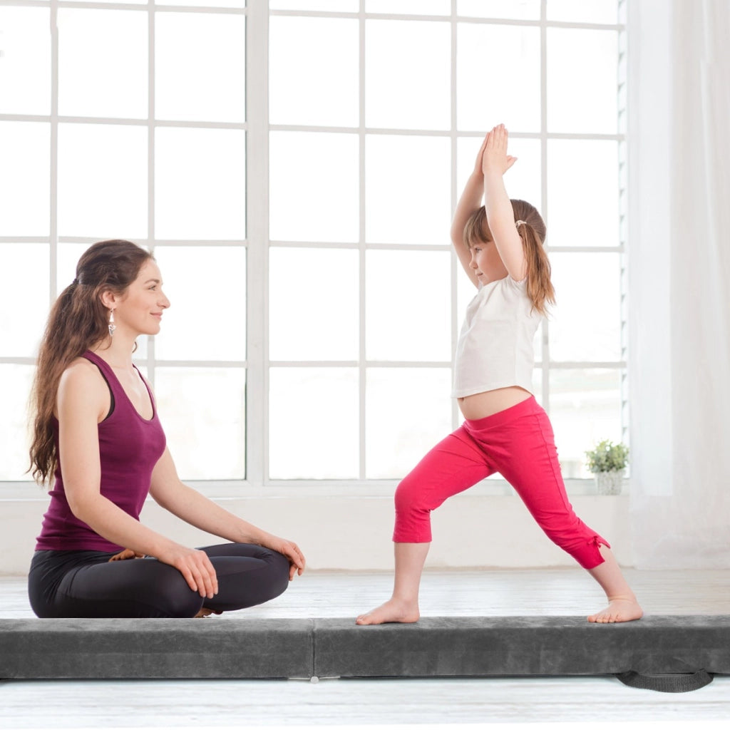Trave da ginnastica pieghevole 210 cm con solida base di legno, Trave di equilibrio portatile con maniglie Grigio-Sbarre e travi da ginnastica
