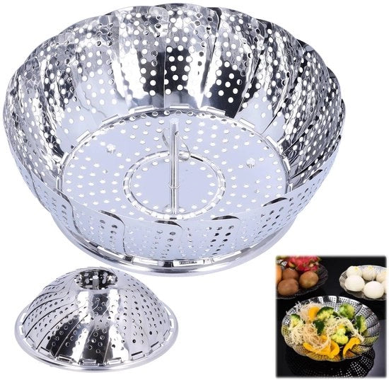 Stoommandie per Verdure - Stomaglio RVS - Adatto per Verdure/Uova/Desserti - Ripiegabile - Tre Dimensioni - Peso 218g/273g/303g